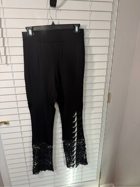 VENUS Black Ponte Crop Pants with Lace Flare Hem